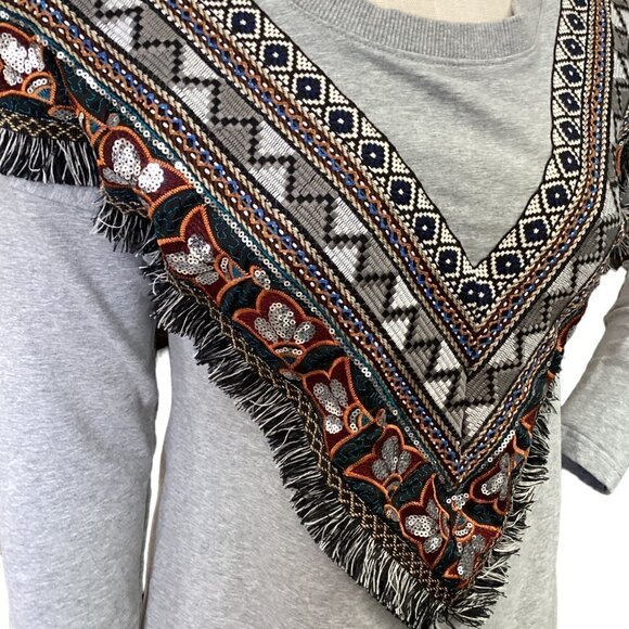 Boston Proper Gray Embroidered Sequin Fringe Boho Long Sleeve Mini Dress S #177G - Picture 4 of 8